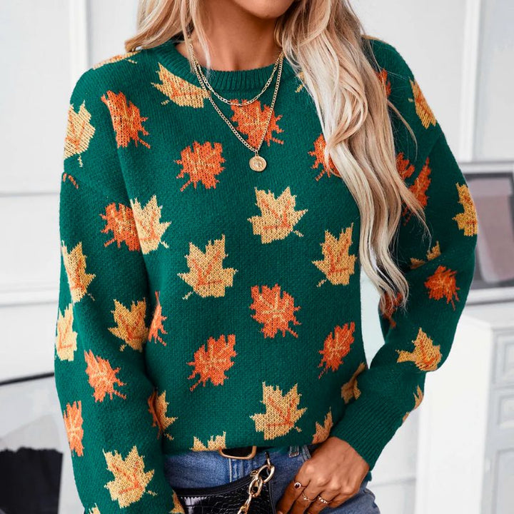 Babette - Herfstbladerenprint Sweater met ronde hals