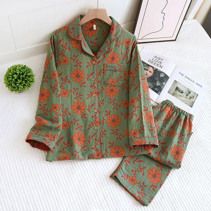 Viona - Gebloemde Katoenen Pyjamaset met Button-Up Top