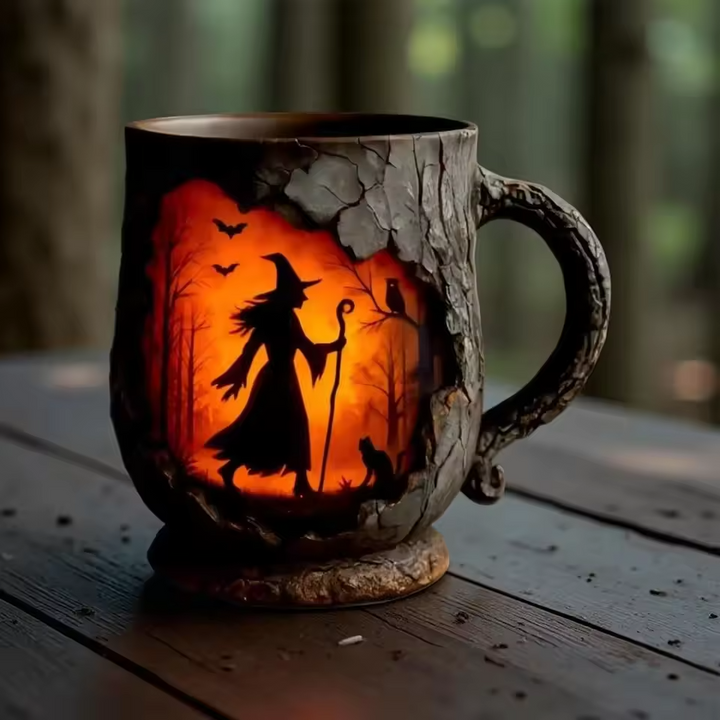 Handgemaakte 3D Halloween Mok – Heks & Kat Ontwerp