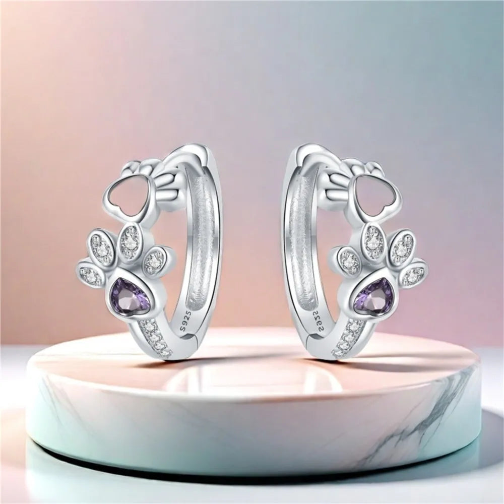 Paw Oorbellen van Sterling Zilver – Zirconia & Heartstone Sieraad voor Vrouwen